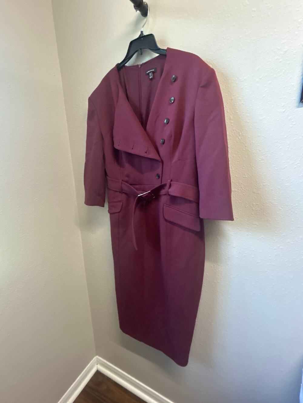 Karen Millen Merlot Structured Crepe Trench Style Dress Sz 18 Belted Long Sleeve